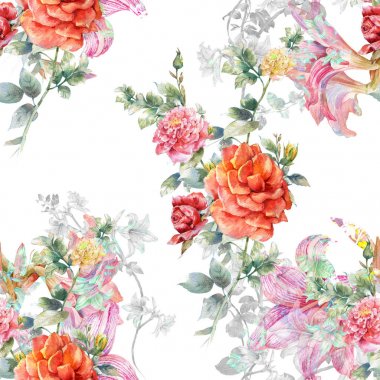 Yaprak ve çiçeklerin suluboya resmi, beyaz arkaplanda pürüzsüz desen