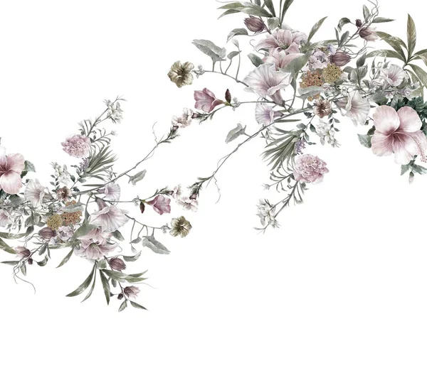 Ακουαρέλα Ζωγραφική Των Φύλλων Και Των Λουλουδιών Λευκό Φόντο — Φωτογραφία Αρχείου