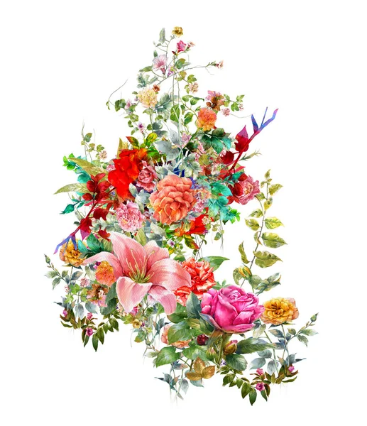 Aquarellmalerei Von Blättern Und Blüten Auf Weißem Hintergrund — Stockfoto