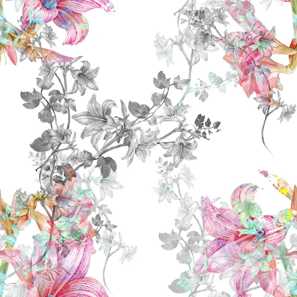 Watercolor painting of leaf and flowers, seamless pattern on white background