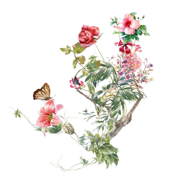 Aquarellmalerei Von Blättern Und Blüten Auf Weißem Hintergrund — Stockfoto