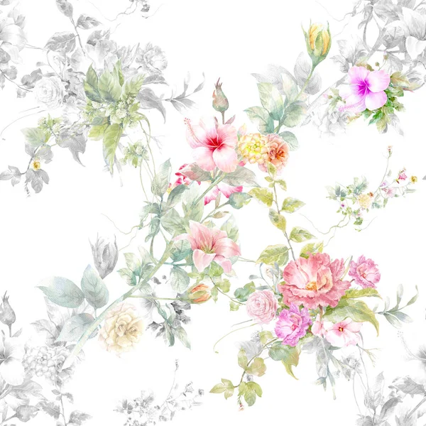 Yaprak Çiçeklerin Suluboya Resmi Beyaz Arkaplanda Pürüzsüz Desen — Stok fotoğraf