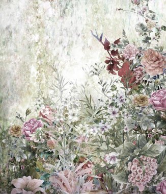 Soyut renkli çiçekler suluboya resim. Bahar çok renkli