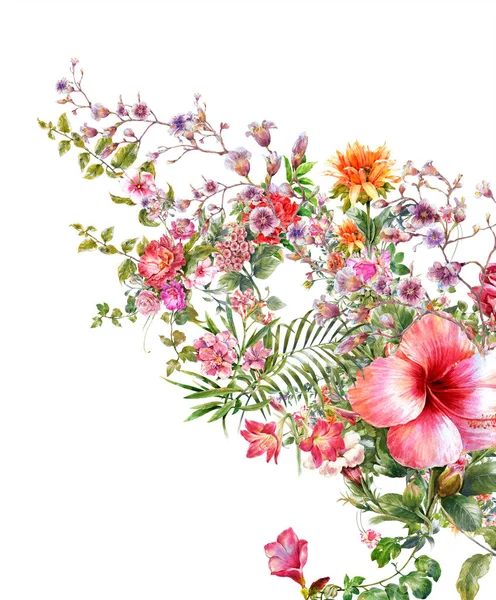 Aquarelverf Van Bladeren Bloemen Witte Achtergrond — Stockfoto