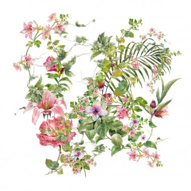 Beyaz arkaplanda yaprakların ve çiçeklerin suluboya resmi 