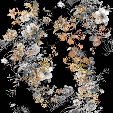 Yaprak ve çiçeklerin suluboya resmi, koyu arkaplanda pürüzsüz desen