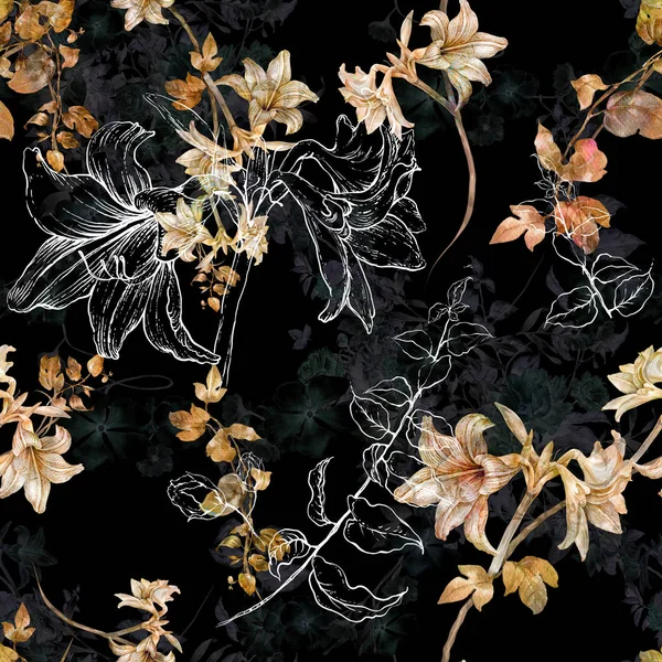 Yaprak Çiçeklerin Suluboya Resmi Koyu Arkaplanda Pürüzsüz Desen — Stok fotoğraf