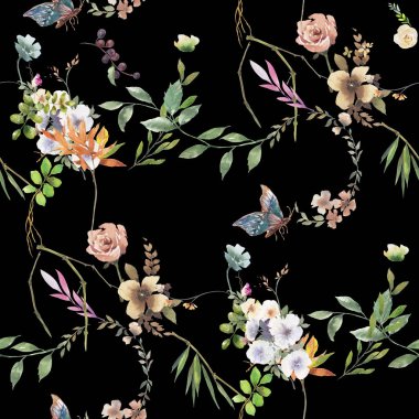 Yaprak ve çiçeklerin suluboya resmi, koyu arkaplanda pürüzsüz desen