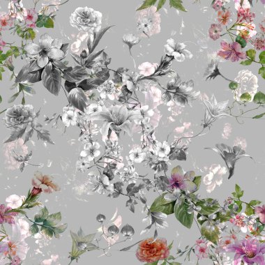 Suluboya resim Dikişsiz desen gri arka plan üzerinde yaprak ve çiçek,