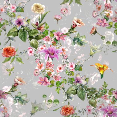Suluboya resim Dikişsiz desen gri arka plan üzerinde yaprak ve çiçek,