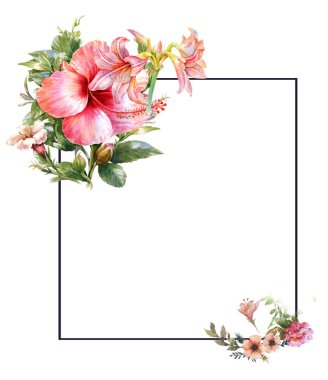 Beyaz arkaplanda yaprakların ve çiçeklerin suluboya resmi 