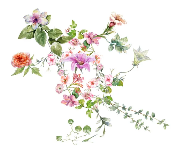 Pittura Acquerello Foglie Fiori Sfondo Bianco — Foto Stock