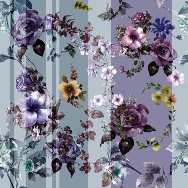 Suluboya resim Dikişsiz desen gri arka plan üzerinde yaprak ve çiçek,