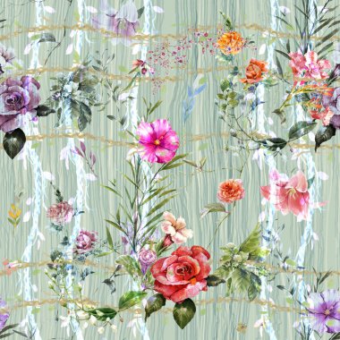 Yaprak ve çiçeklerin suluboya resmi, kusursuz desen 