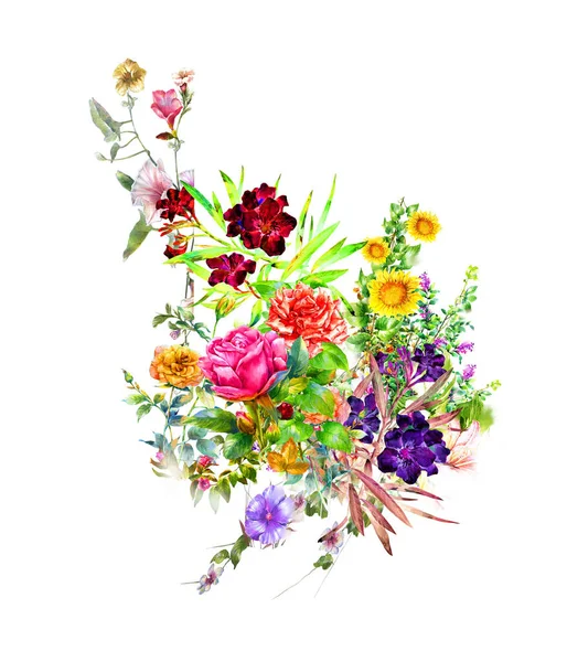 Aquarela Pintura Folhas Flores Sobre Fundo Branco — Fotografia de Stock
