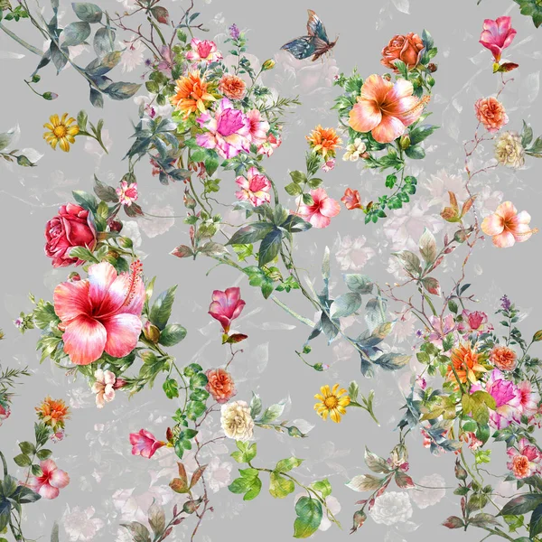 Aquarellmalerei Von Blatt Und Blumen Nahtloses Muster Auf Grauem Hintergrund — Stockfoto