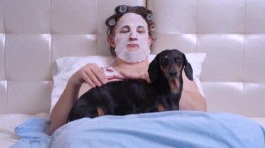 Adam temiz ve nazikçe köpeği yatakta dachshund ile okşar..