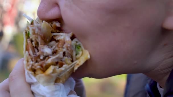Human appetizingly eats big shawarma in pita bread with meat, fried potatoes, fresh vegetables and sauce, close up, blurred background. Street junk food, poor nutrition and unhealthy lifestyles. — Stock Video