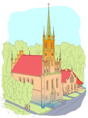 Renk eskiz katedral Gotik tarzı. Avrupa'nın küçük şirin kasabasında.