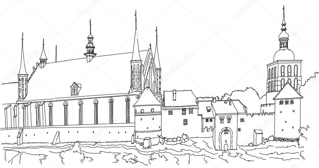 An old fortress on the shore of the Baltic Sea. Frombork. Gothic brick towers, walls, houses and cathedral. Northern Poland. Sketch. Vector.