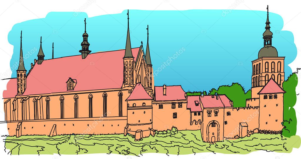 An old fortress on the shore of the Baltic Sea. Frombork. Gothic brick towers, walls, houses and cathedral. Northern Poland. Color sketch. Vector.