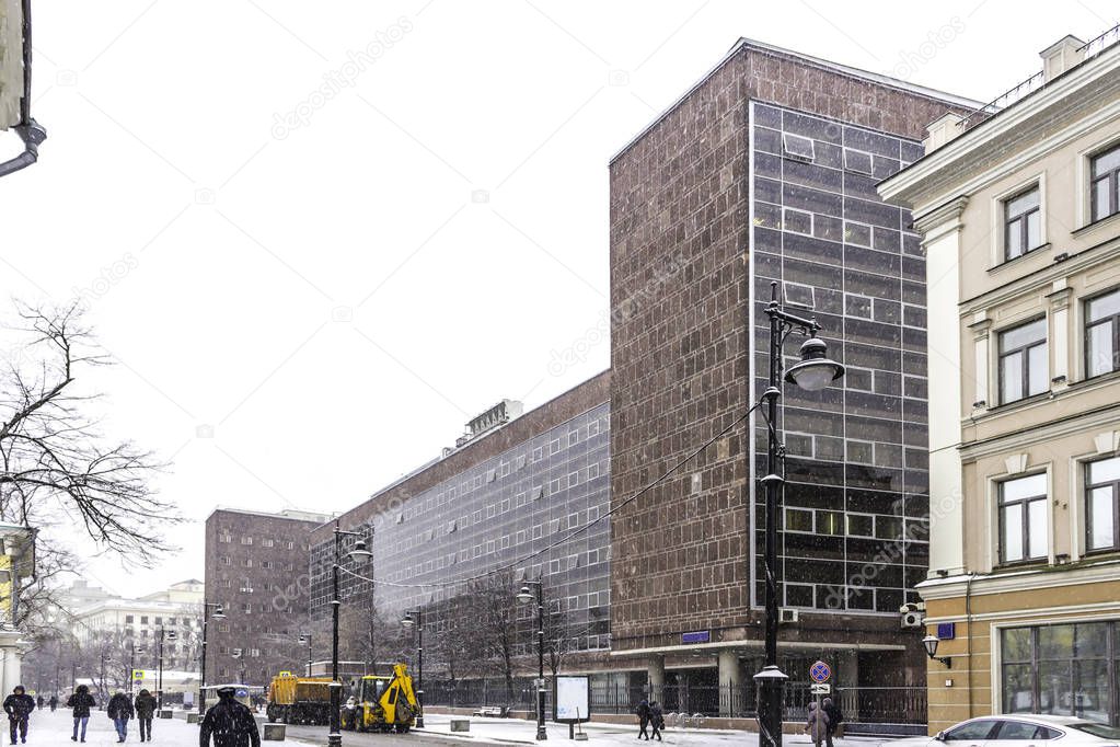 Office building in the center of Moscow, designed by the architect Le Corbusier. Perspective of the main facade during a snowfall.