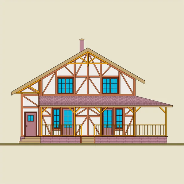 Dom Zbudowany Jest Naturalnego Drewna Cegły Otynkowany Post Belka Budowy — Wektor stockowy