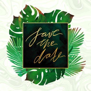 Trendy tropical jungle style vector invitation template. Watercolor paint textured palm-tree leaves on marble background. Natural stone, exotic green plants and emerald velvet textures.