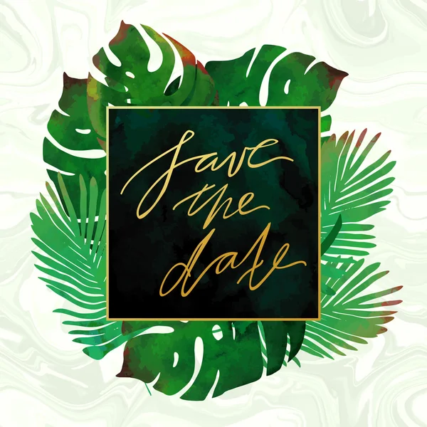 Trendy tropical jungle style vector invitation template. Watercolor paint textured palm-tree leaves on marble background. Natural stone, exotic green plants and emerald velvet textures. — Stock vektor