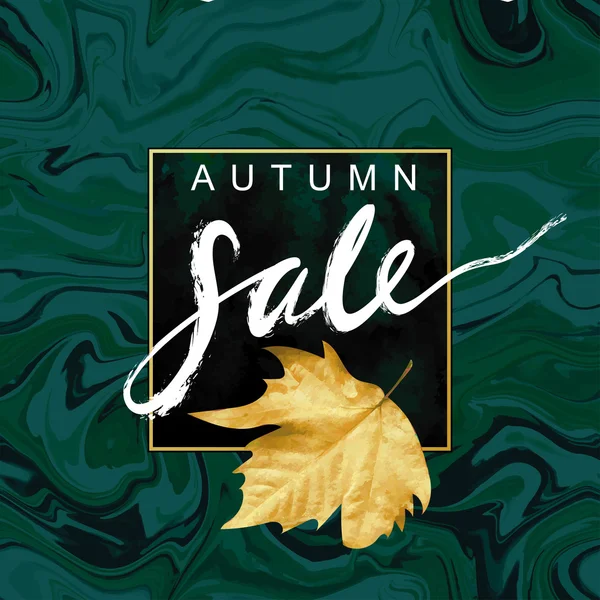 "Autumn Sale" hand written lettering. Fall mood illustration. Flayer vector template. Textured Leaf shape on marble background. Sabby gold and green "emerald" velvet texture. — Stock Vector