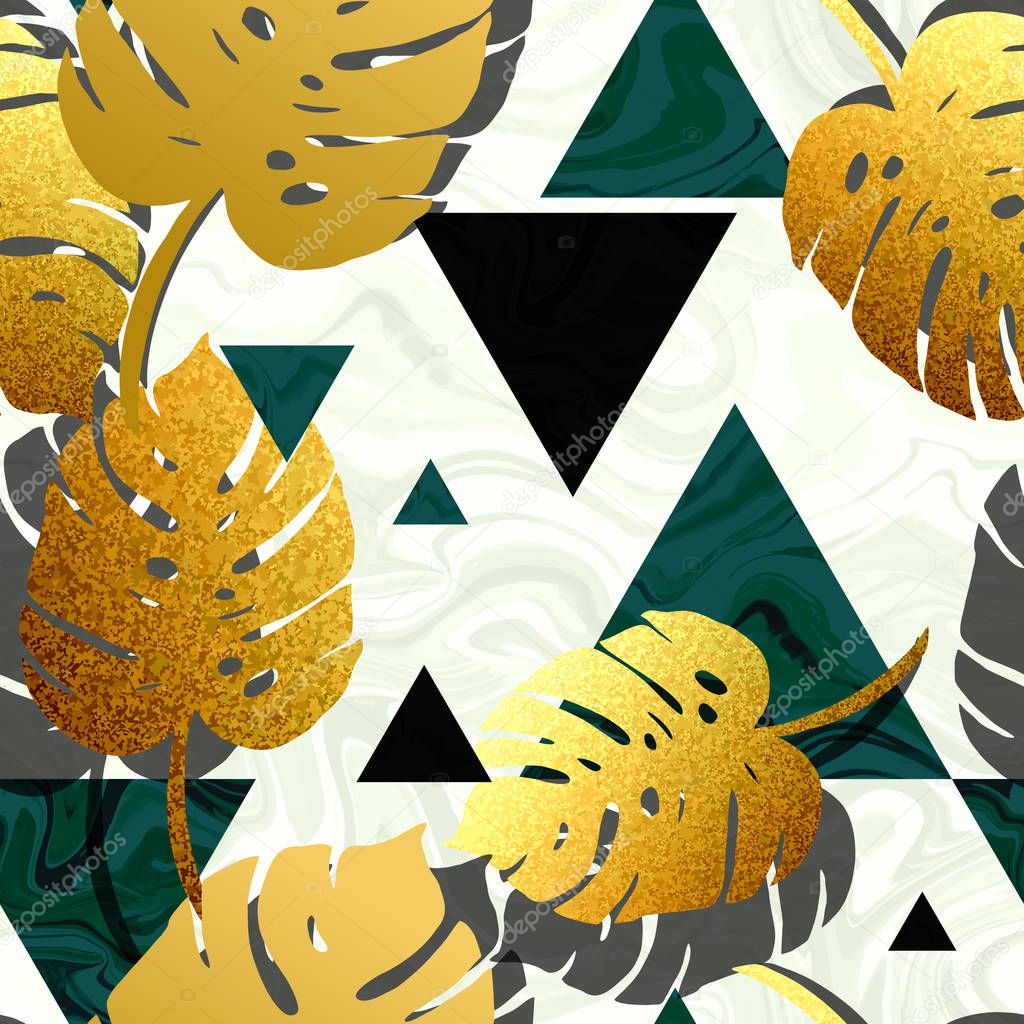 Gold monstera and triangle seamless pattern