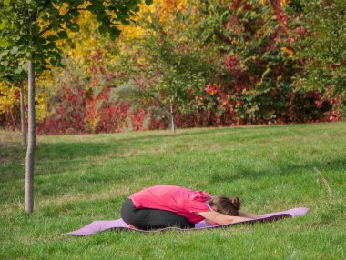 kadınla çimenlerin üzerinde yoga sonbaharda uygulamak