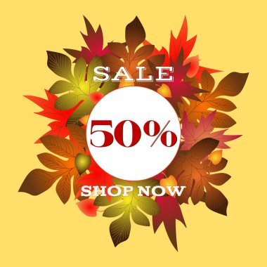 Sonbahar satış broşüründe harfler var. Kırmızı ve kahverengi sonbahar yaprakları. Poster, kart, etiket, afişte kullanılacak.