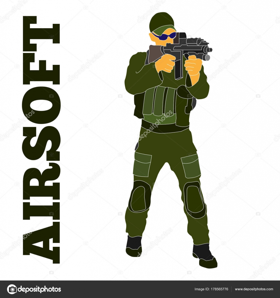 Airsoft joueur dans l'équipement tactique dessiné à la main