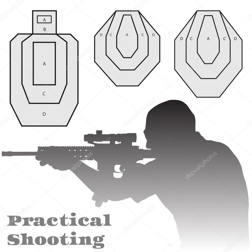 Practical shooting man aiming the rifle at the firing range and three kinds of rifle targets. Will be perfect for logo, banner, poster, postcard.