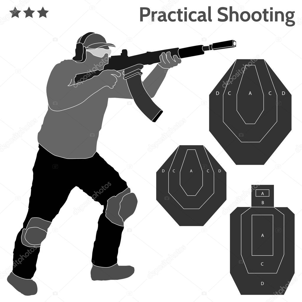 Practical shooting man aiming the rifle at the firing range and three kinds of rifle targets. Will be perfect for logo, banner, poster, postcard.