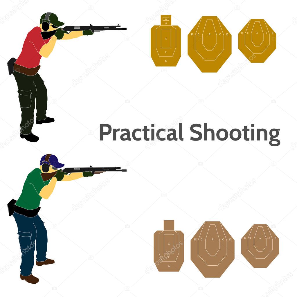 Practical shooting man aiming the rifle at the firing range and three kinds of rifle targets. Will be perfect for logo, banner, poster, postcard.