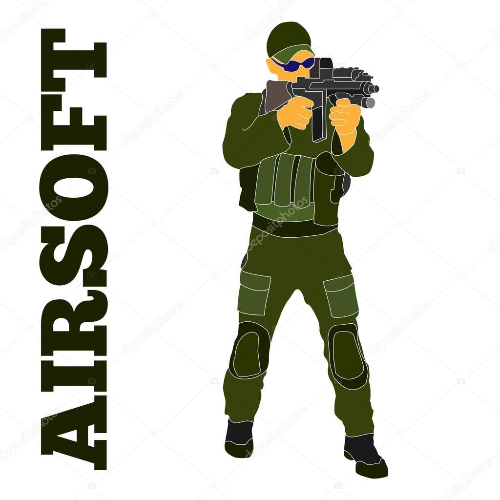 Airsoft player in tactical equipment hand-drawn Illustration