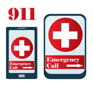 Acil çağrı işareti. Ambulans araba cep telefonu tıbbi acil vektör çizim ile diyoruz.
