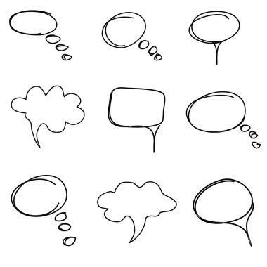 Elle çizilmiş Doodle stil konuşma balonları vektör koleksiyonu. Konuşma üzerinde beyaz arka plan ayarlamak simgeleri kabarcıklar. Vektör çizim