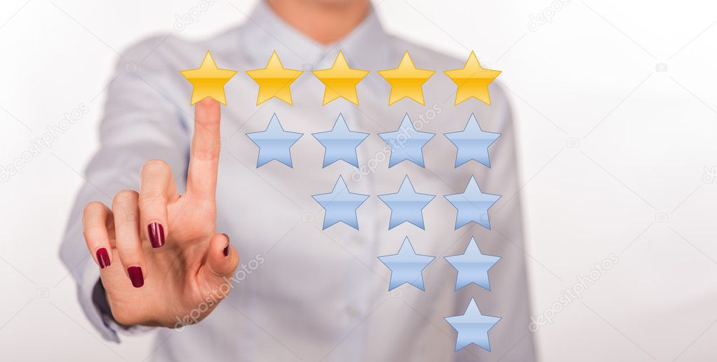 Rating Stars. Business hand clicking rating. Customer review concept. Set of 5 star rating elements starting from 1 star