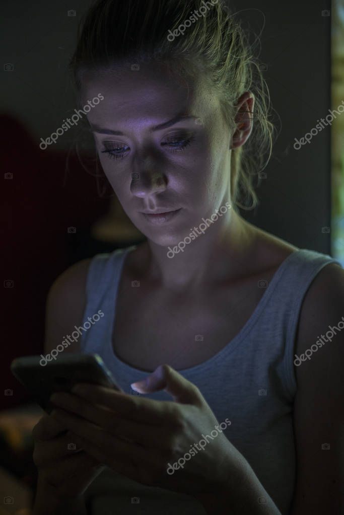 Sad Girl Profile In Dark Looking Up Stock Photo, Picture and