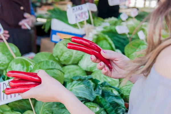 Close up concept. Picking vegetables at local green market. Young woman buying vegetables at the green market. — Stock Photo, Image