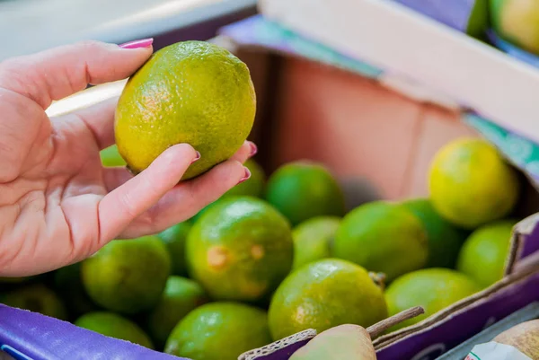 Sección media de la mujer comprando lima dulce en el supermercado. Mujer comprando frutas en el mercado verde orgánico. mujer eligiendo lima fresca —  Fotos de Stock