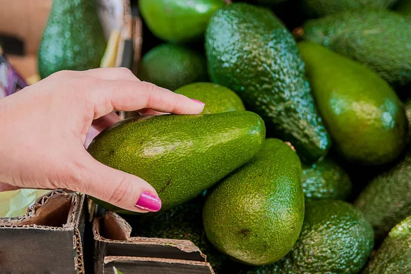 Обрізане зображення клієнта, який вибирає авокадо в супермаркеті крупним планом жіночої руки, що тримає авокадо на ринку. продаж, покупки, їжа, споживання та концепція людей — стокове фото