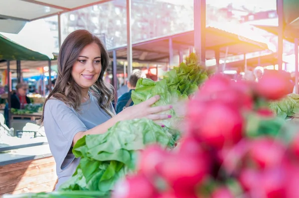 Young brunette  picking vegetables. — Stock Photo, Image
