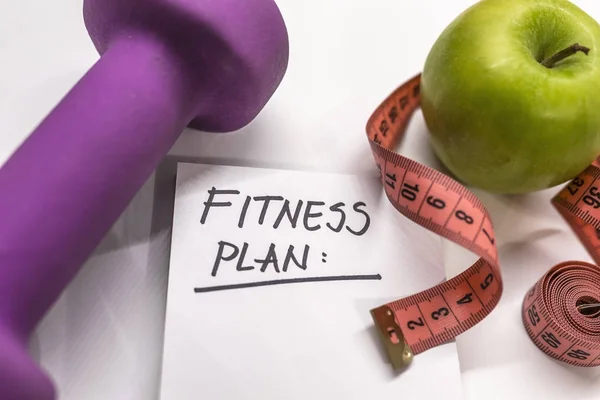 Fitness Plan Opmerking Kladblok Meetlint Halter Kladblok Verse Groene Appel — Stockfoto