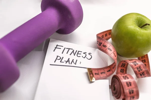 Fitness Plan Opmerking Kladblok Meetlint Halter Kladblok Verse Groene Appel — Stockfoto