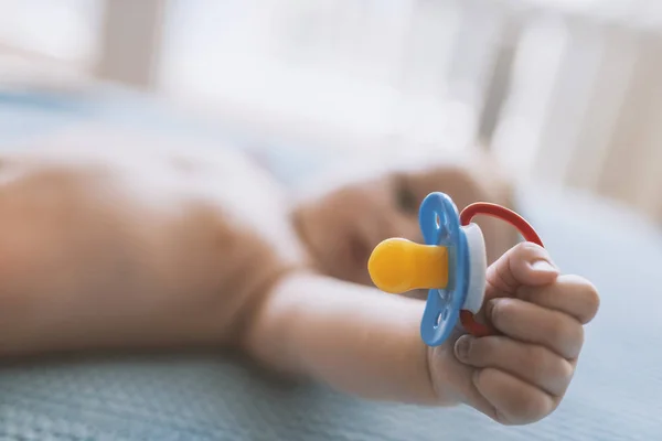 Baby Nipple Close Baby Hands Pacifier Focus Hands Newborn Sleeping — Stock Photo, Image