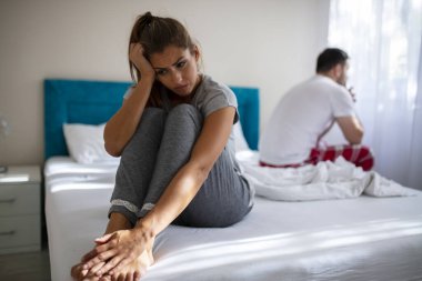 Unhappy Married Couple and Sexual Problems Concept. Frustrated Man and Woman Not Talking Feeling Offended or Stubborn. Concept of Impotence. Man Have Problems.